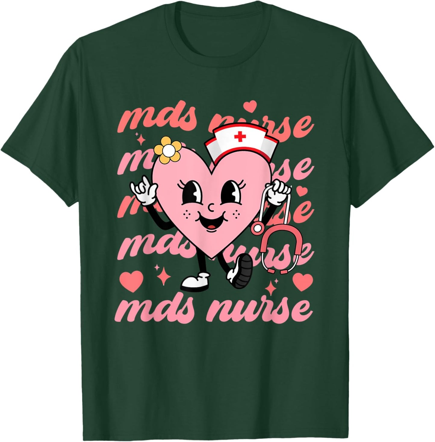 Retro MDS Nurse Valentines Day Hearts Stethoscope Nursing T-Shirt - T-Shirt | Forest