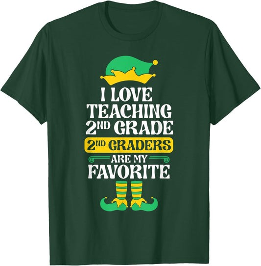 2nd Grade Teacher Elf Christmas School Party I Love Teaching Men Women Kids T-Shirt - T-Shirt | Forest