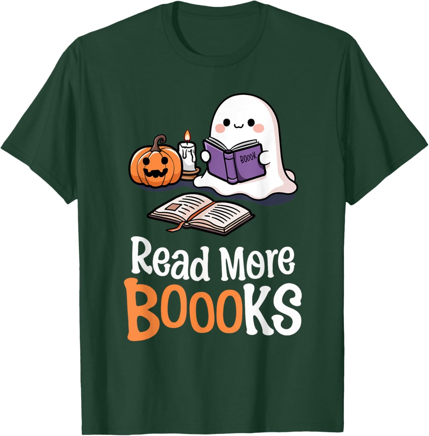 Halloween Teacher Women Cute Reading Ghost Read More Books T-Shirt - T-Shirt | Forest