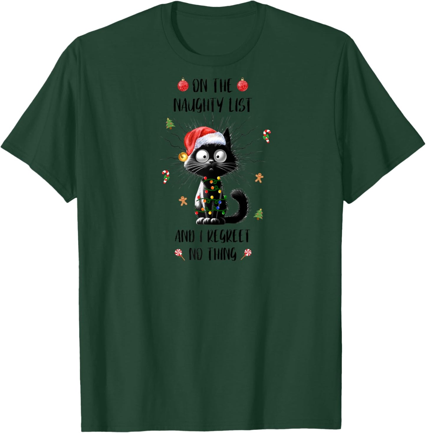 Fun Xmas Black Cat On The Naughty I Regret Nothing Christmas Raglan Baseball T-Shirt - T-Shirt | Forest