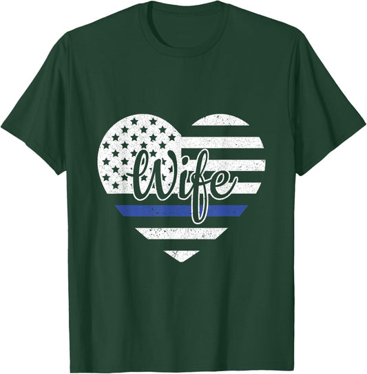 USA Heart Police Officer Wife Blue Line Police Wife Support T-Shirt - T-Shirt | Forest