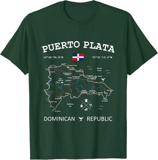 Puerto Plata Dominican Republic Flag Travel Map Coordinates T-Shirt - T-Shirt | Forest