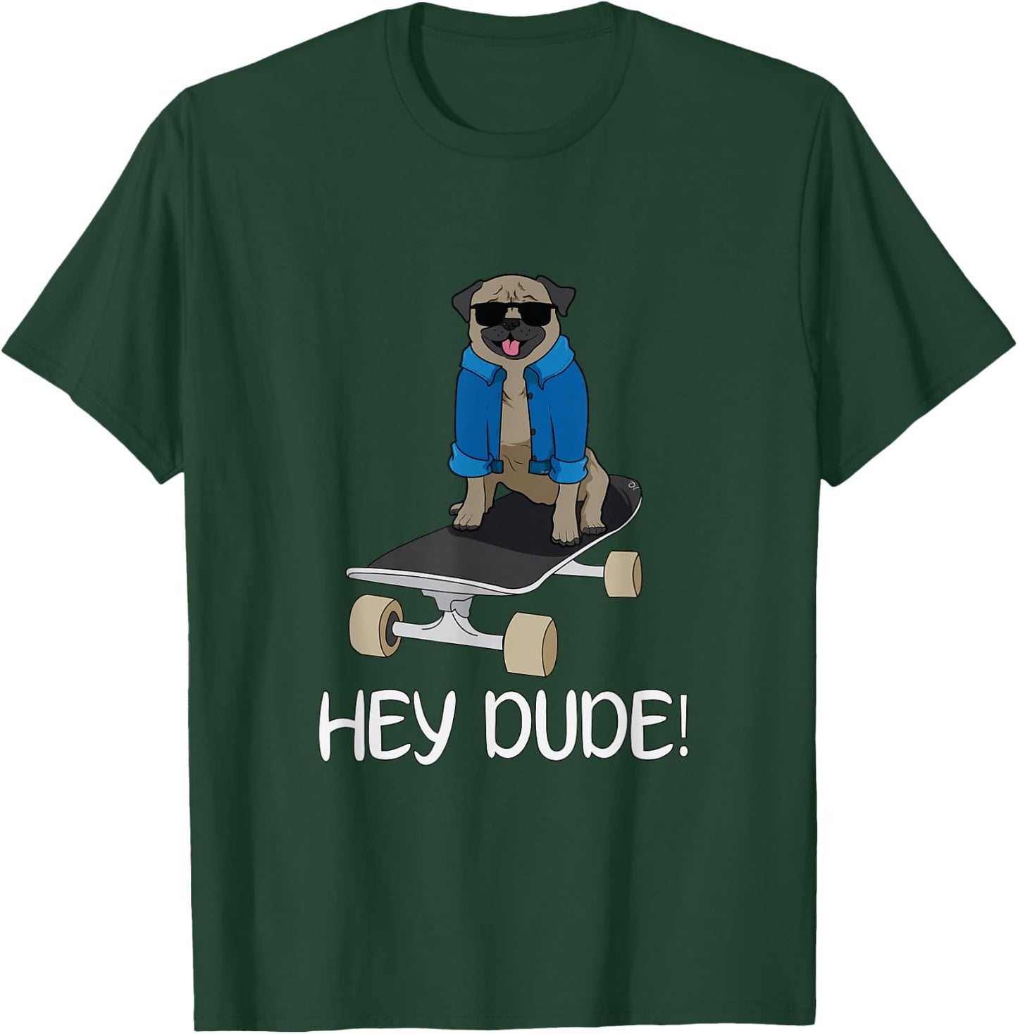 Oliver's Designs Pug On A Skateboard Hey Dude! -Adults Black T-Shirt - T-Shirt | Forest