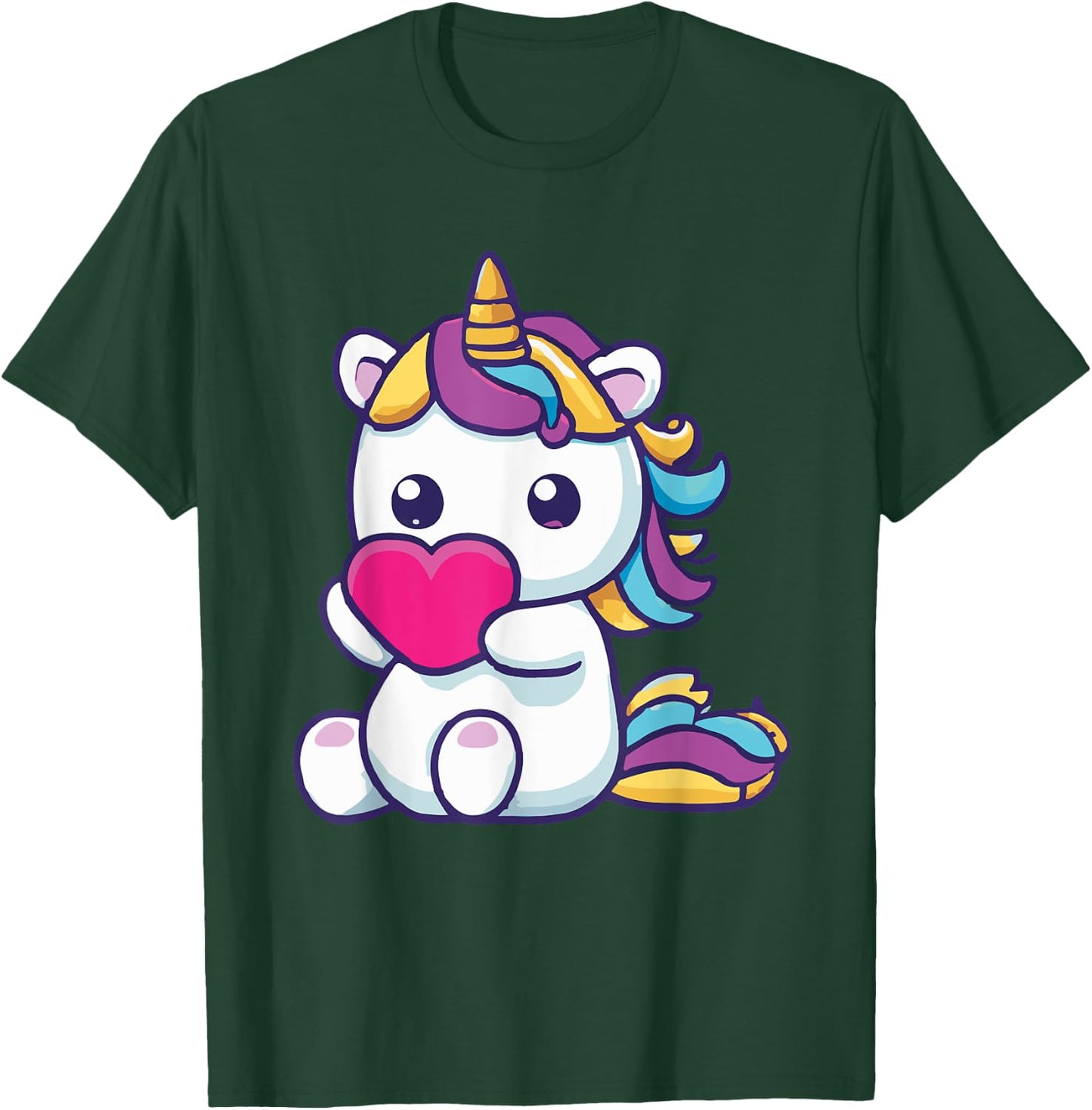 Unicorn Holding A Heart Rainbow Cute T-Shirt - T-Shirt | Forest