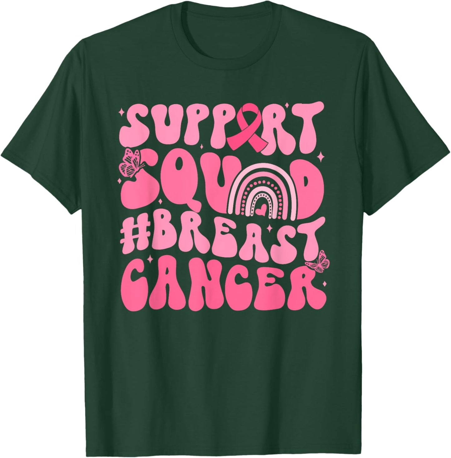 Boho Groovy Pink Rainbow Breast Cancer Support Squad T-Shirt - T-Shirt | Forest