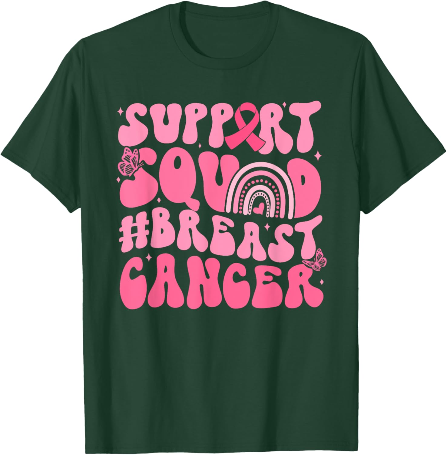 Boho Groovy Pink Rainbow Breast Cancer Support Squad T-Shirt - T-Shirt | Forest