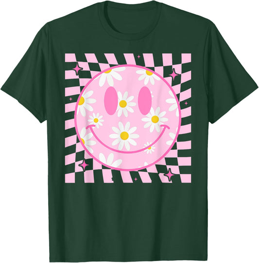 Retro Happy Smile Face Checkered Pattern Pink Daisy Flower T-Shirt - T-Shirt | Forest