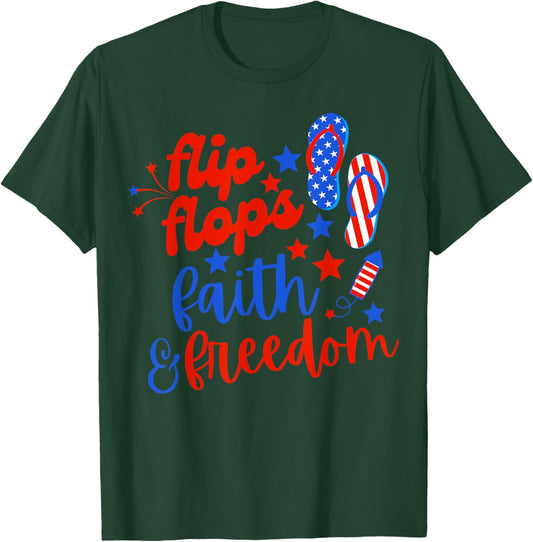 Flip Flops Faith And Freedom Fireworks 4th Of July Us Flag Men T-Shirt - T-Shirt | Forest