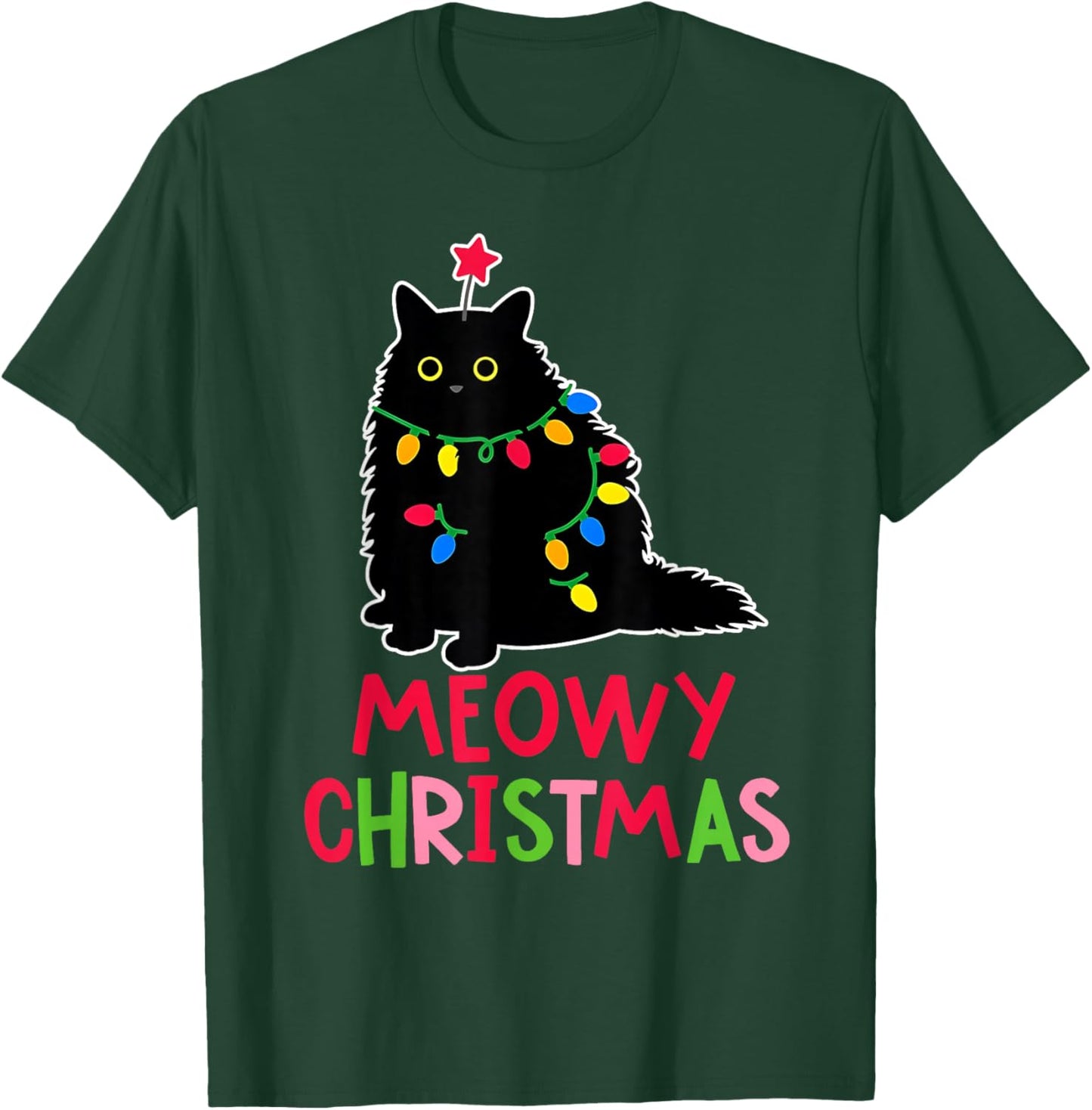 Meowy Christmas Xmas Lights Black Cat Pajamas Family Funny T-Shirt - T-Shirt | Forest