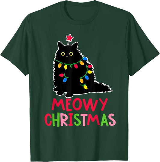 Meowy Christmas Xmas Lights Black Cat Pajamas Family Funny T-Shirt - T-Shirt | Forest