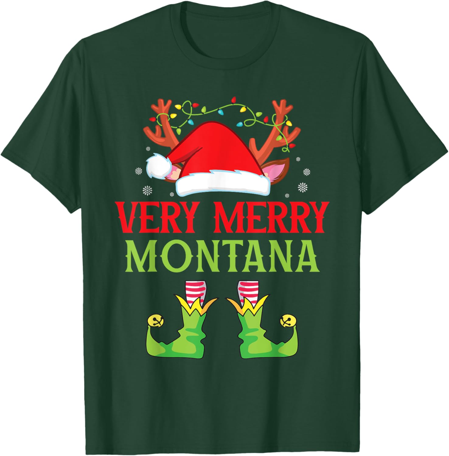 Festive Christmas Elf & Santa Claus Very Merry in MONTANA T-Shirt - T-Shirt | Forest