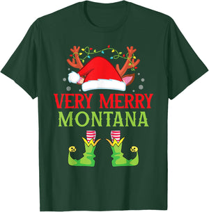 Festive Christmas Elf & Santa Claus Very Merry in MONTANA T-Shirt - T-Shirt | Forest