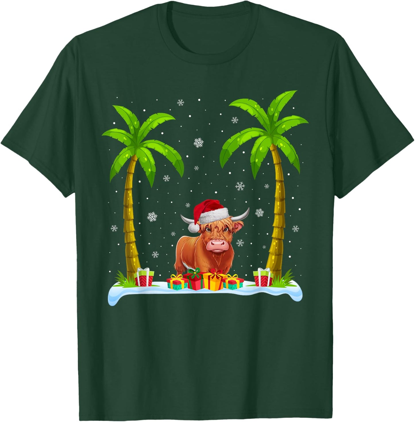 Highland Cow Santa Hat Palm Tree Beach Xmas Pajama T-Shirt - T-Shirt | Forest