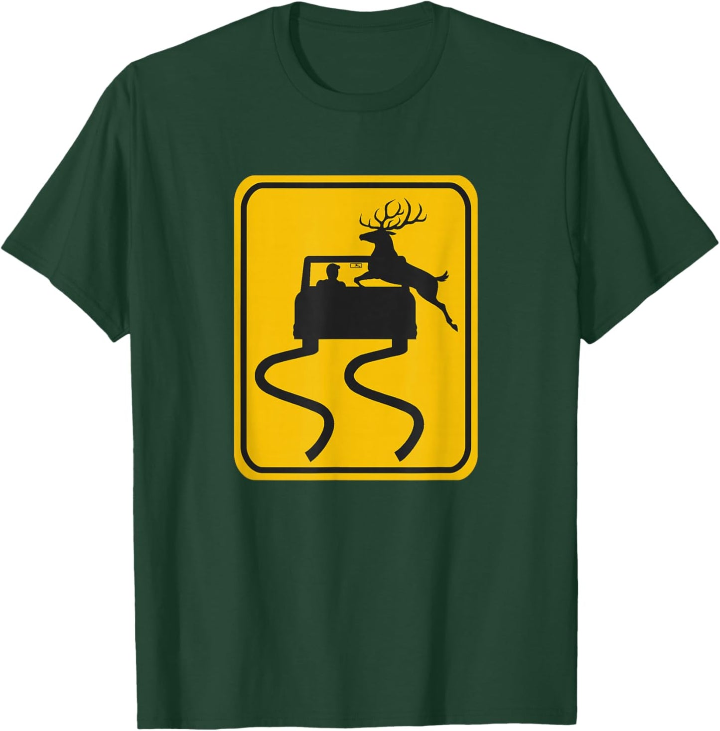 Swerving Car Meets Deer Crossing Road Sign T-Shirt - T-Shirt | Forest