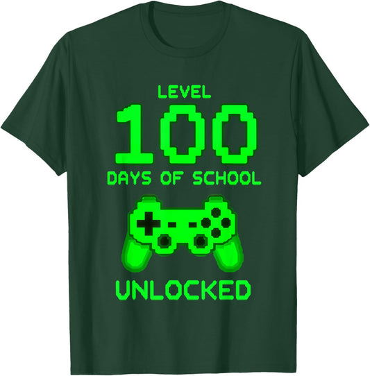 Level 100 Days of School Gamer Unlocked T-Shirt - T-Shirt | Forest