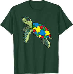Turtle Puzzle Pieces For Autism Awareness Kids Women Teacher T-Shirt - T-Shirt | Forest