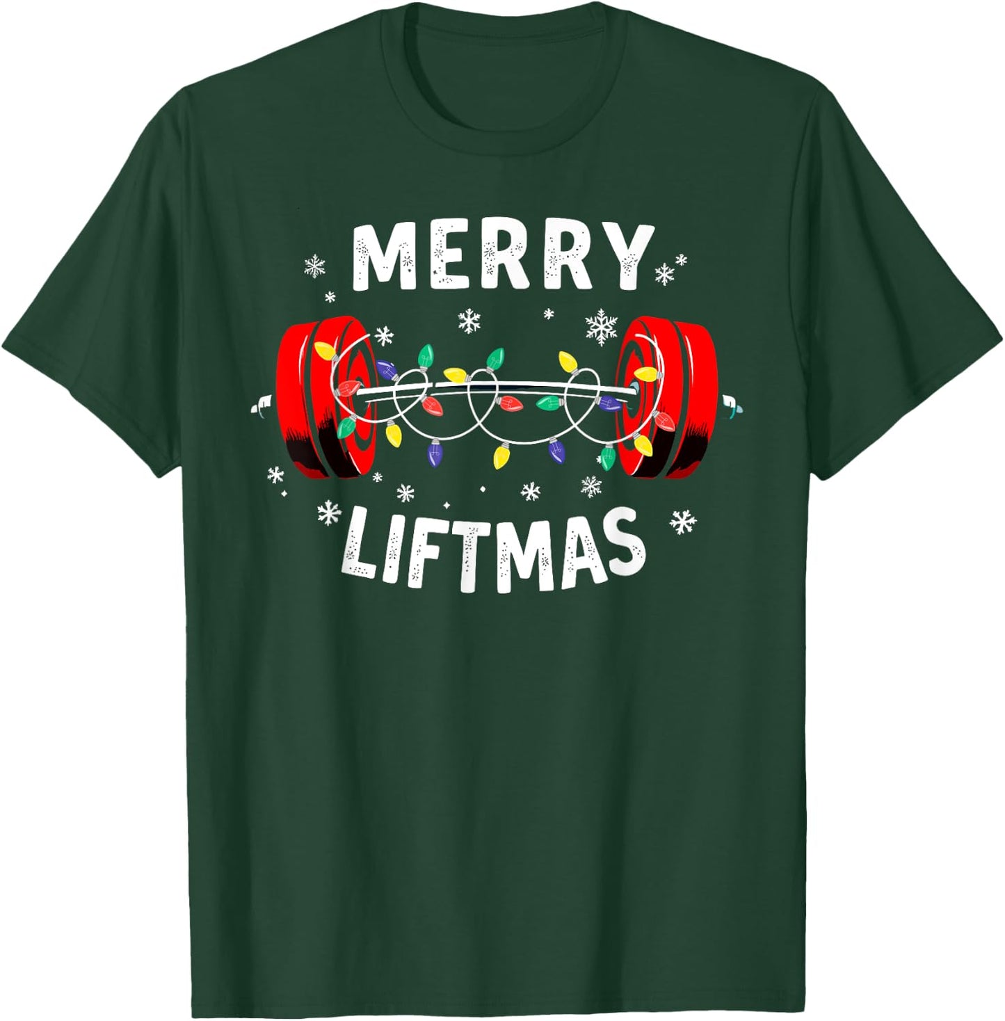 Merry Liftmas Barbell Christmas Tree Lights Weightlifting T-Shirt - T-Shirt | Forest