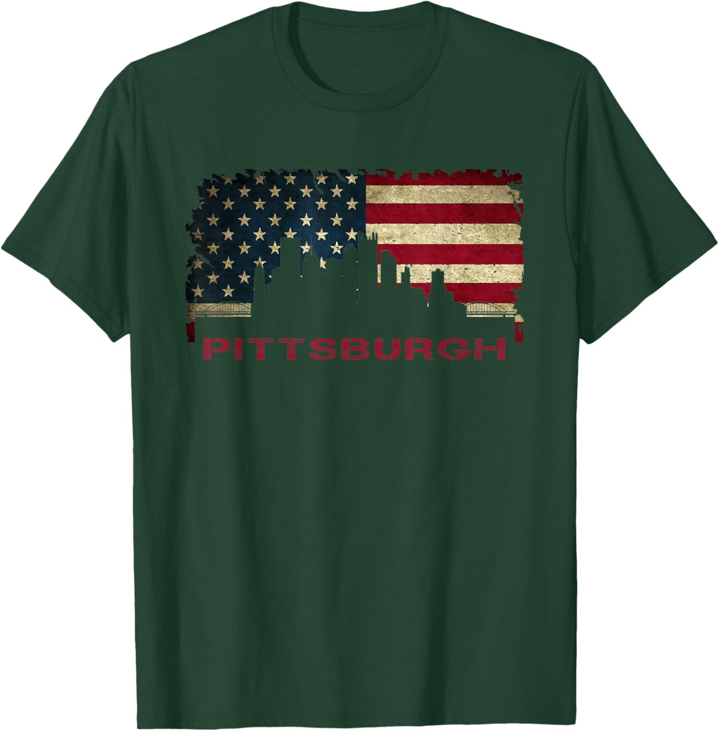 Pittsburgh City Skyline Art USA Flag Steel City American T-Shirt - T-Shirt | Forest