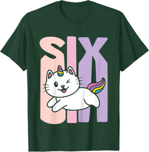 Kids 6 Year Old Cute Caticorn Cat Unicorn Birthday Girl B-day T-Shirt - T-Shirt | Forest
