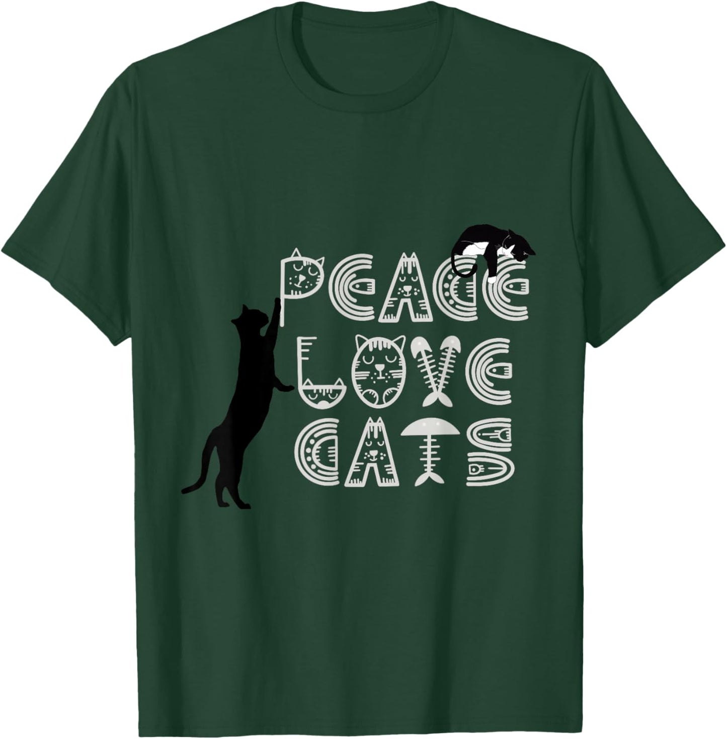 Peace Love Cats Typography with Cute Black Cats T-Shirt - T-Shirt | Forest