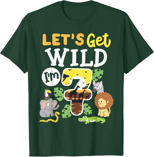 Jungle Safari Let's Get Wild 7th Birthday Zoo 7 Year Old Kid T-Shirt - T-Shirt | Forest