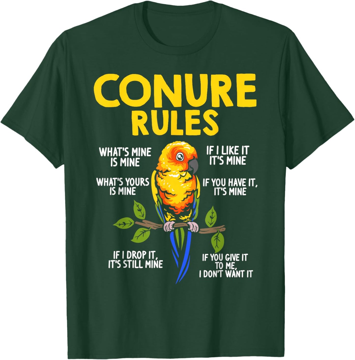 Conure Rules Sun Conure Bird Lover Parrot Design Black & Sun Conure Owners, Small, Short Sleeve, Mandarin Collar, Tropical, Cotton 65% Polyester 35% T-Shirt - T-Shirt | Forest