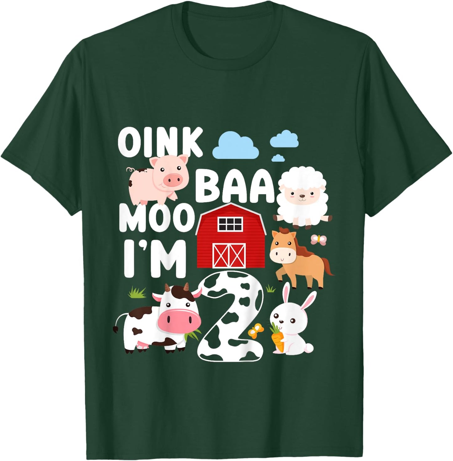 Oink Baa Moo I'm 2 Farm Animals 2nd Birthday For Kids T-Shirt - T-Shirt | Forest