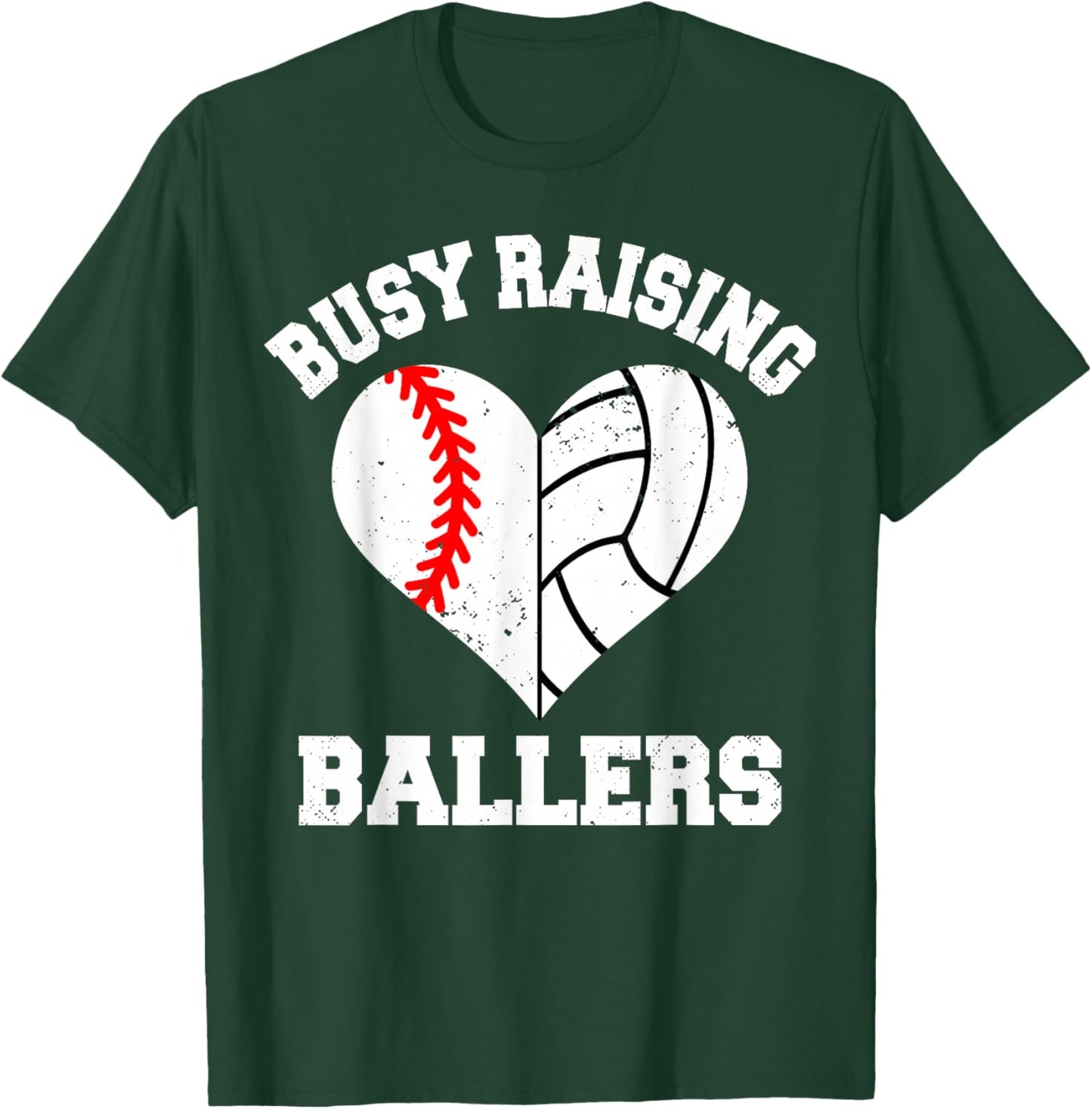 Busy Raising Ballers Baseball Volleyball Heart Mom Game Day T-Shirt - T-Shirt | Forest