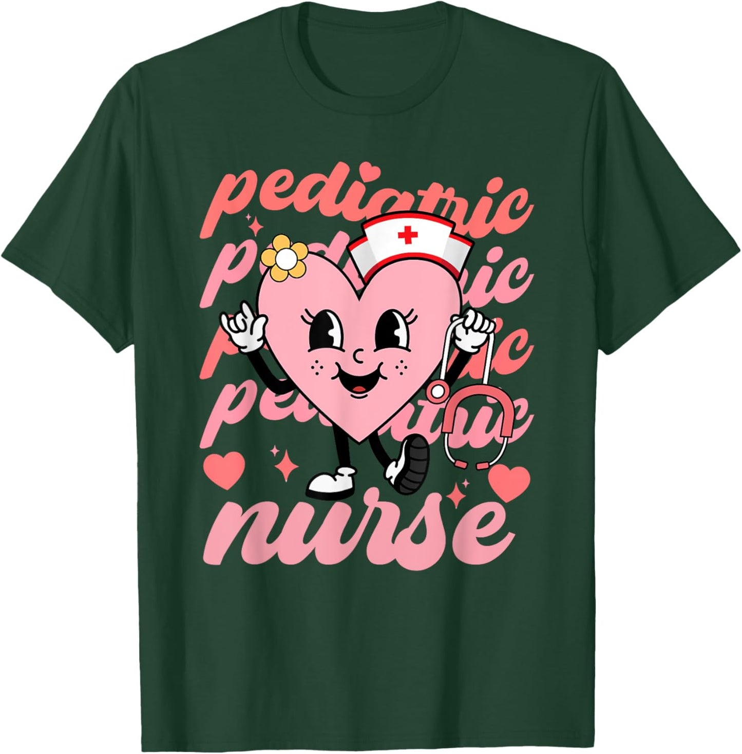 Retro Pediatric Nurse Cute Valentines Day Hearts Stethoscope T-Shirt - T-Shirt | Forest