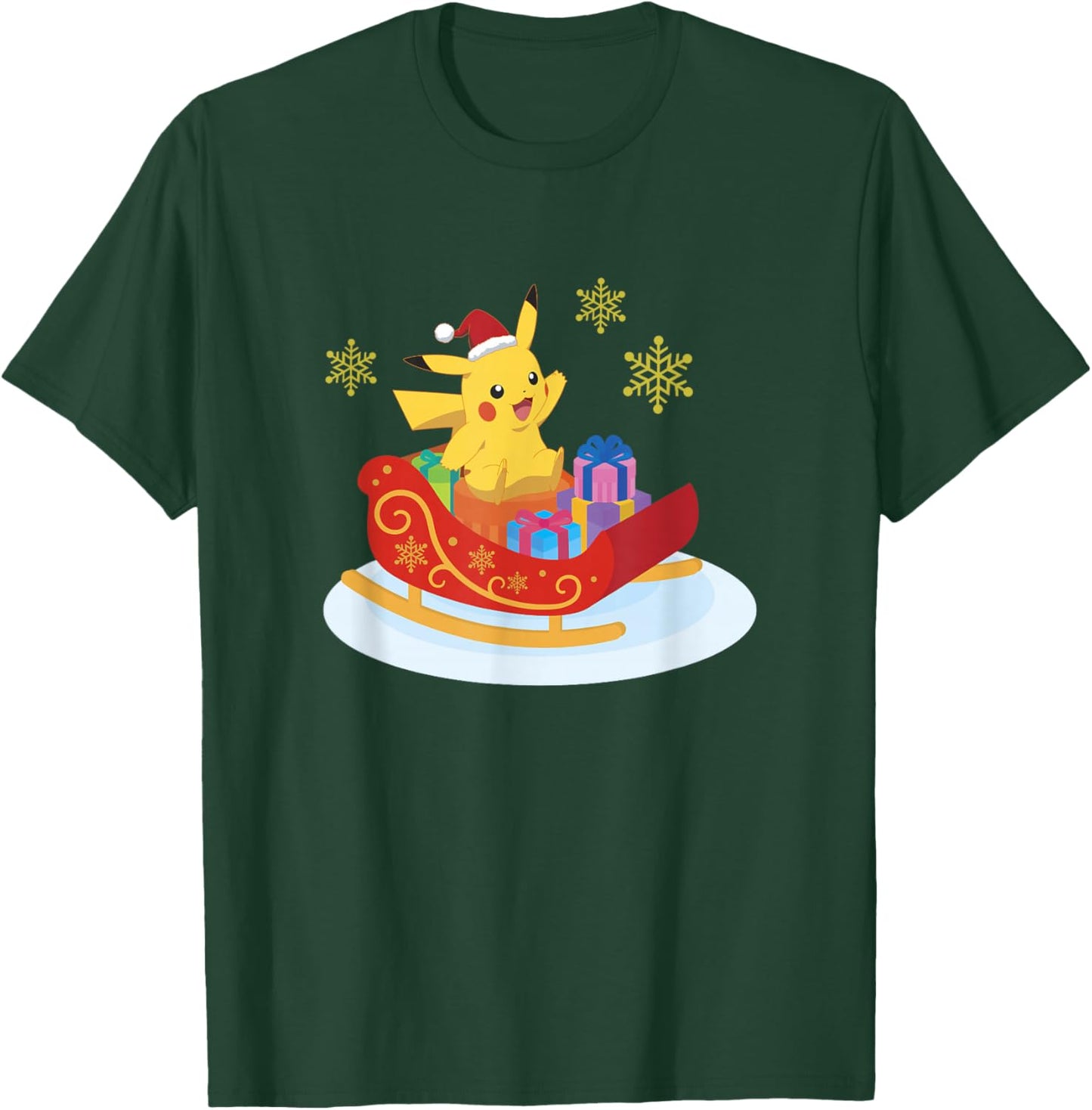 Pokémon Christmas Pikachu Sleigh Ride Snowflake Portrait T-Shirt - T-Shirt | Forest