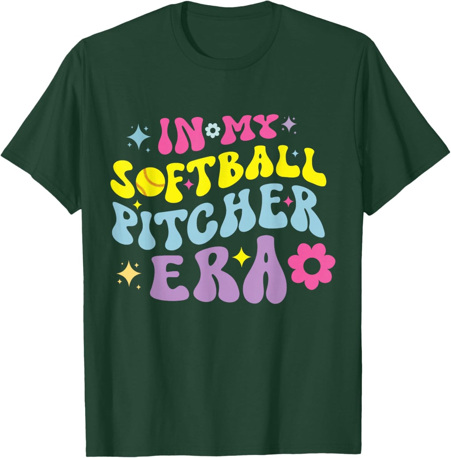 In My Softball Pitcher Era Groovy Fastpitch Girls Game T-Shirt - T-Shirt | Forest