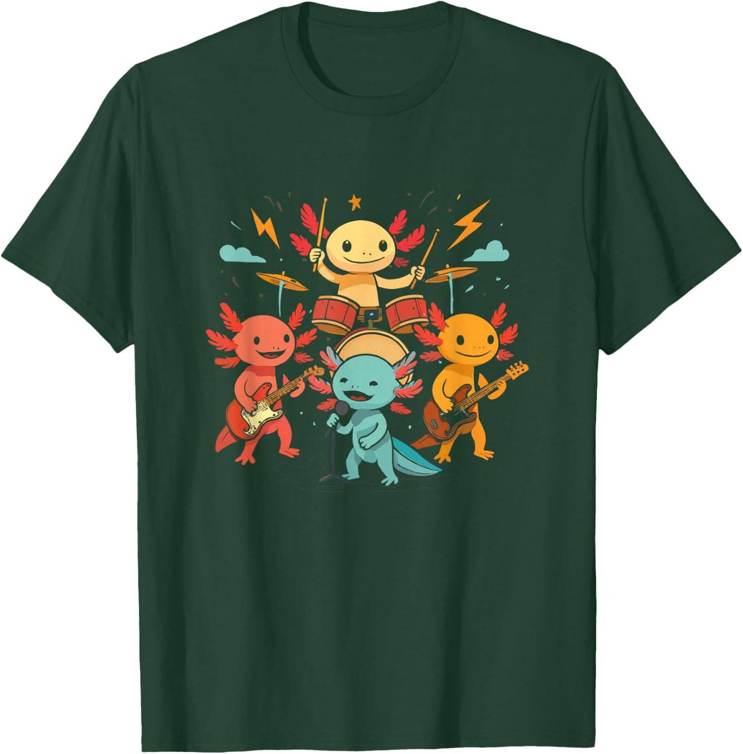 Cute Axolotl Rock Band Playing Drums Guitar Singing Graphic T-Shirt - T-Shirt | Forest