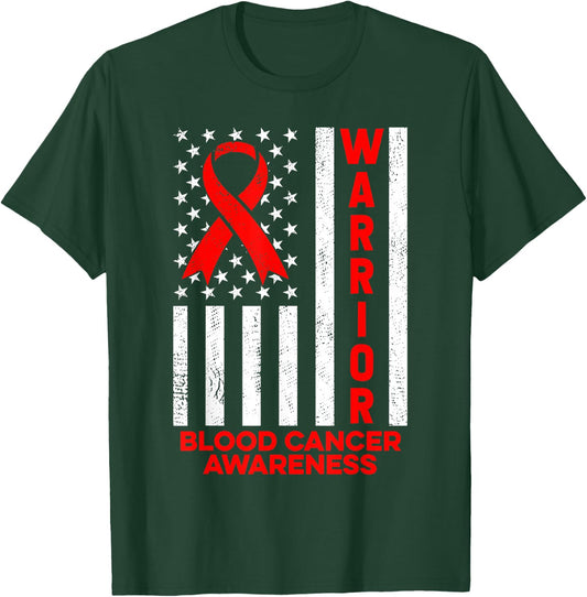 Blood Cancer Awareness Warrior American Flag Red Ribbon T-Shirt - T-Shirt | Forest