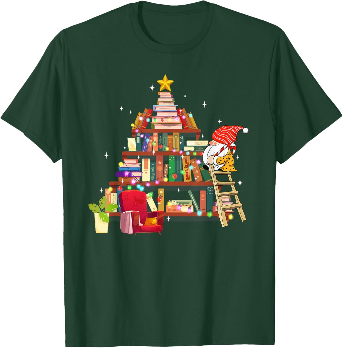 Librarian And Book Lover Christmas Library Tree Lights Gnome T-Shirt - T-Shirt | Forest