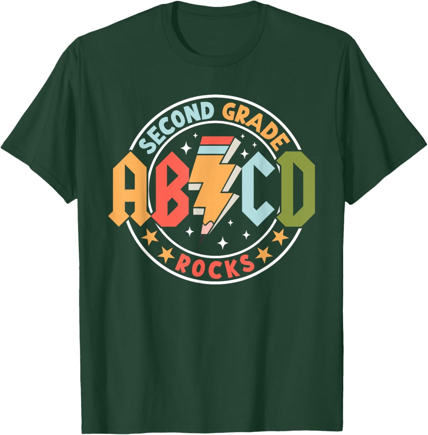 ABCD 2nd Grade Rocks Pencil Lightning Teachers Rock Boys T-Shirt - T-Shirt | Forest