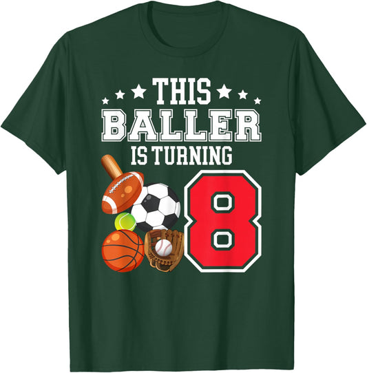 8th Birthday Sports Birthday Theme 8 Year Old Boy T-Shirt - T-Shirt | Forest