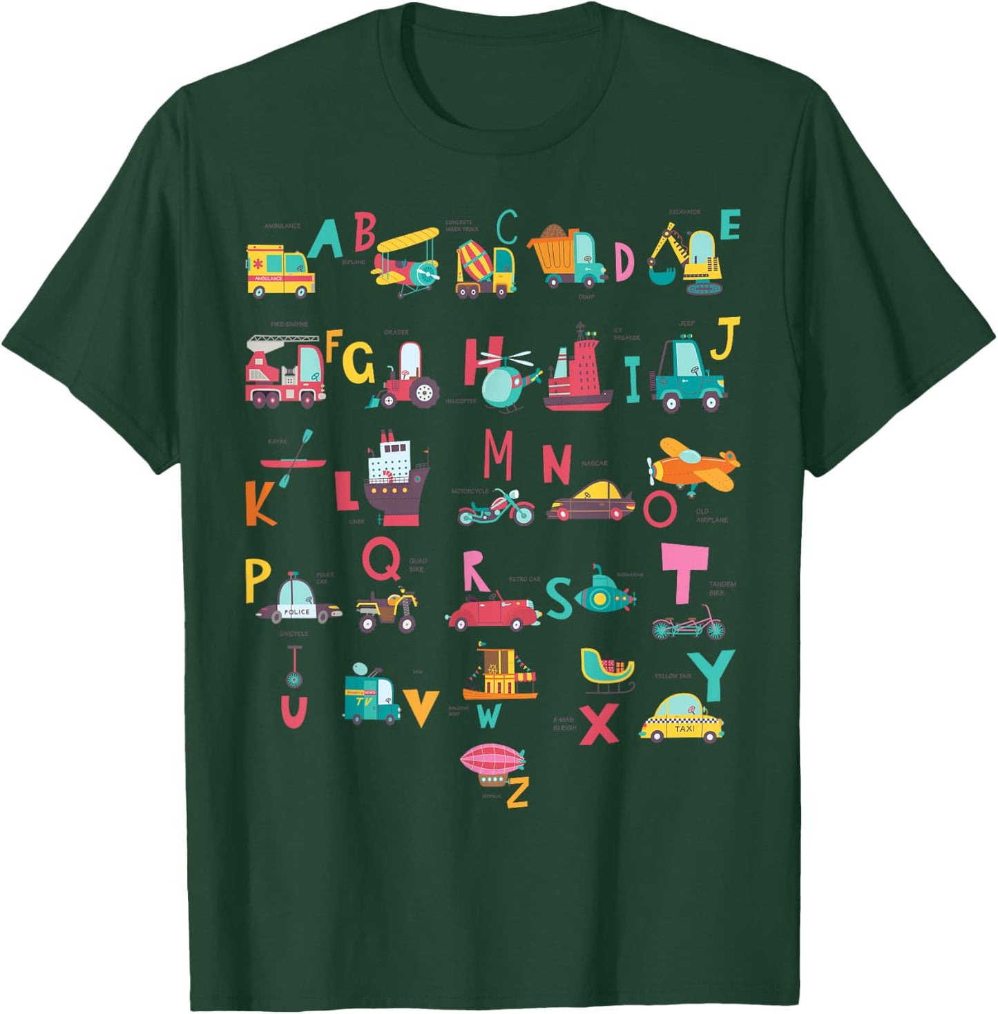 Ambulance Excavator Helicopter Truck Vehicles ABC Toddler T-Shirt - T-Shirt | Forest