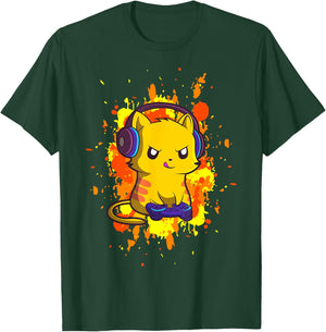 Gaming Cat - Cyber Gamer PC Nerdy Kitty Kitten Headphones T-Shirt - T-Shirt | Forest
