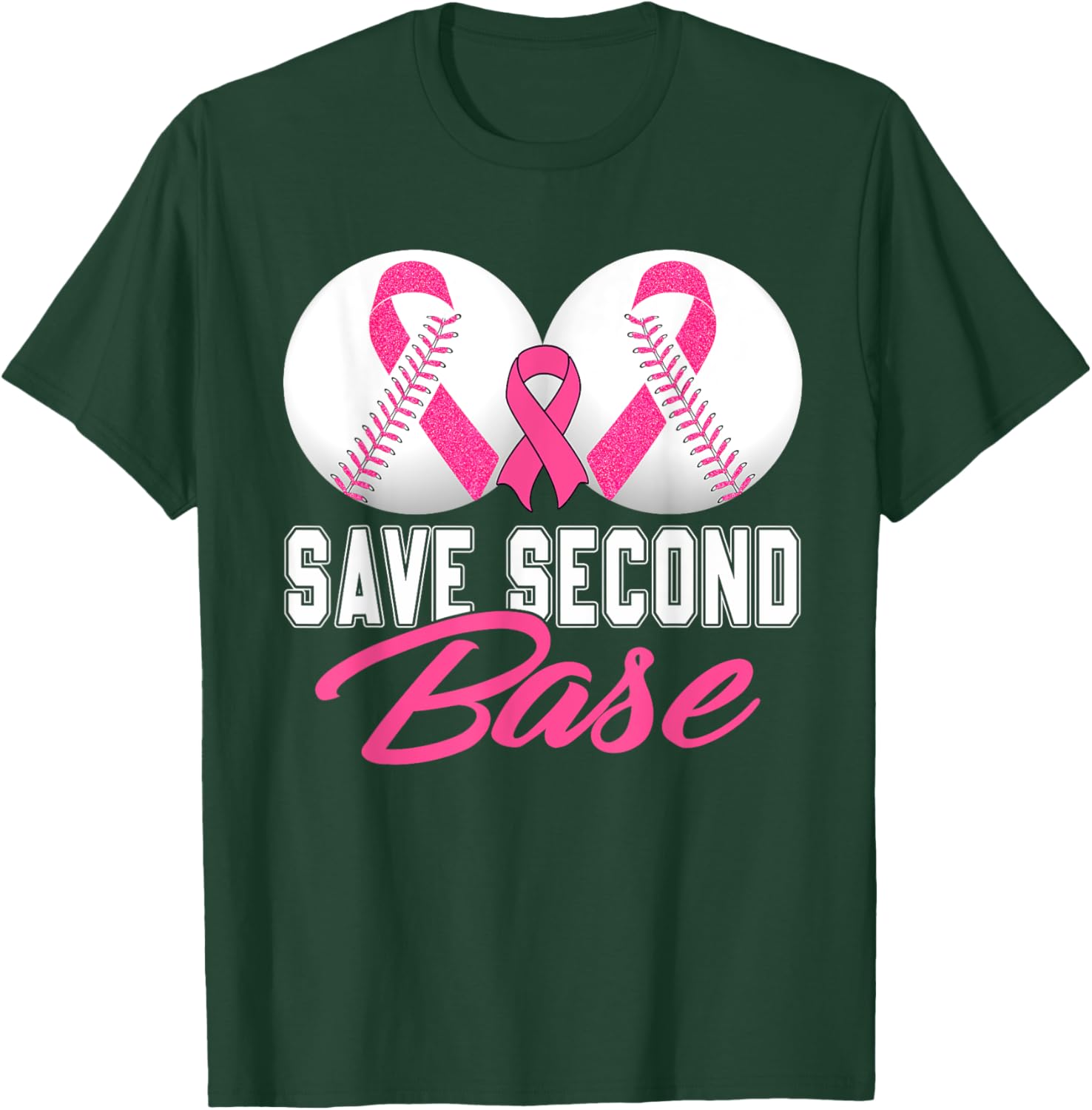 Save Second 2nd Base Breast Cancer Awareness Month Baseball T-Shirt - T-Shirt | Forest