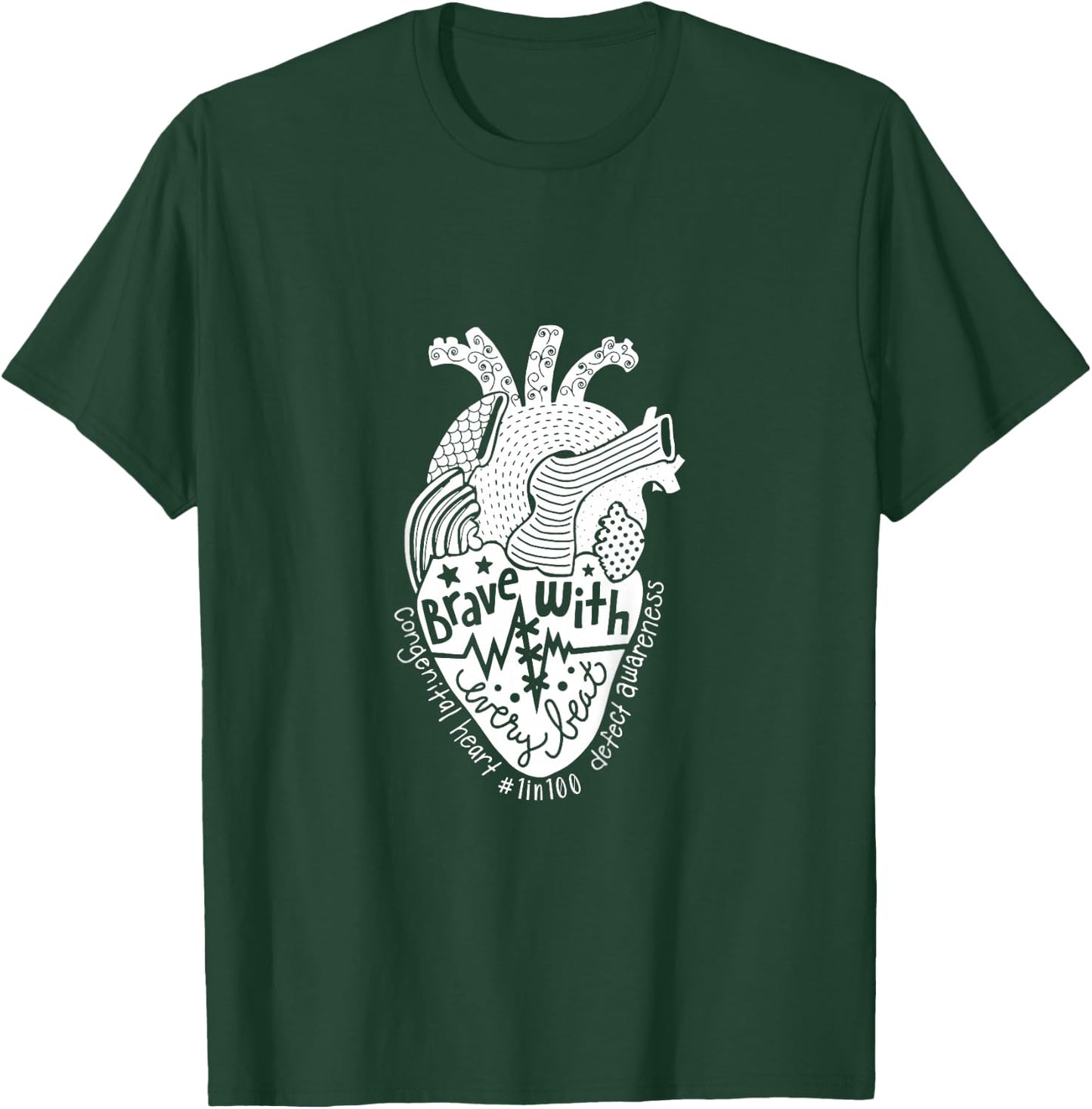 Kids Brave With Every Beat Congenital Heart Warrior 1 In 100 CHD T-Shirt - T-Shirt | Forest