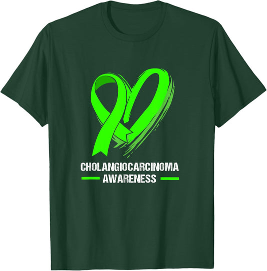 Heart Ribbon Green Cholangiocarcinoma Awareness T-Shirt - T-Shirt | Forest