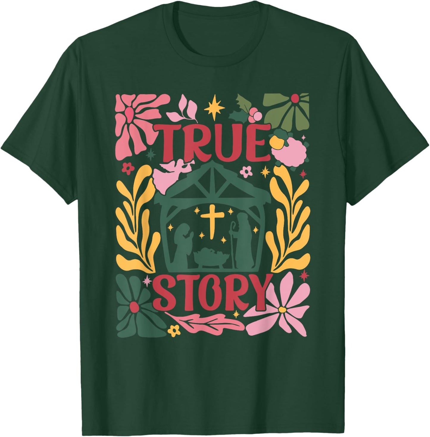 True Story Jesus Christmas Nativity Scene Boho Flower T-Shirt - T-Shirt | Forest