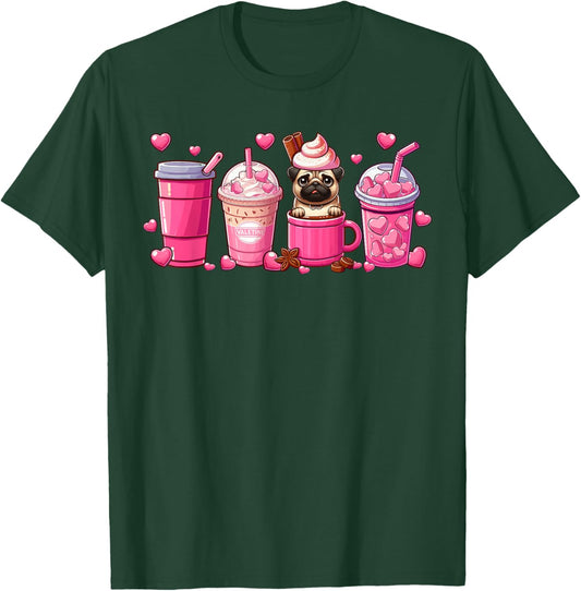 Pug Inside Cup Coffees Lover Valentine's Day Hearts T-Shirt - T-Shirt | Forest
