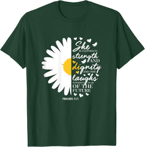 Christian Bible Verse Gift Proverbs 31:25 White Daisy Flower T-Shirt - T-Shirt | Forest