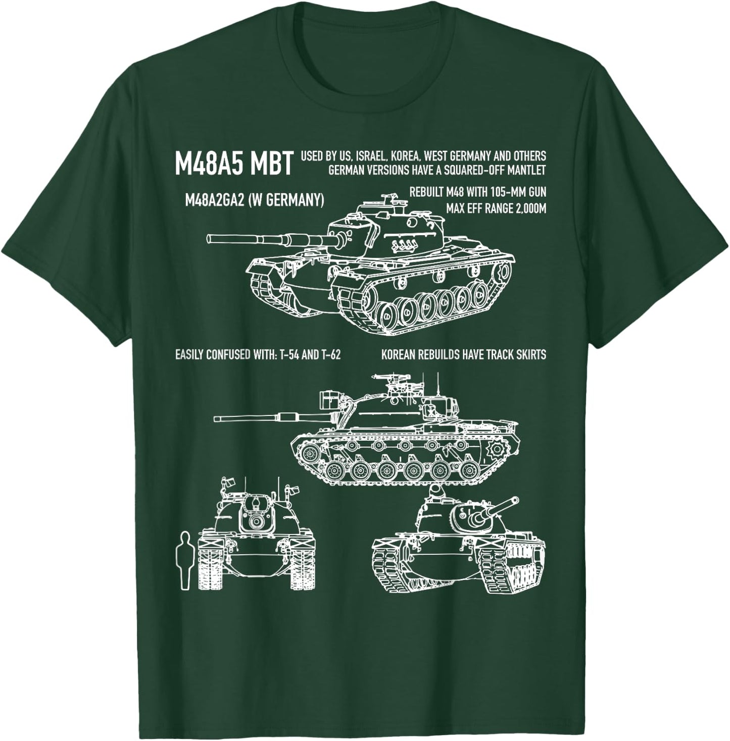 M48 A5 Patton Tank American Blueprint Diagram T-Shirt - T-Shirt | Forest