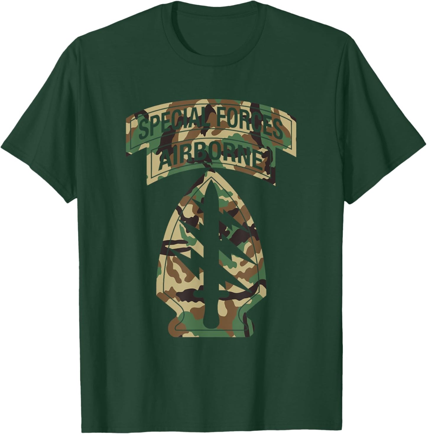 US Special Forces - SF Green Beret Patch & Tab BDU Camo T-Shirt - T-Shirt | Forest