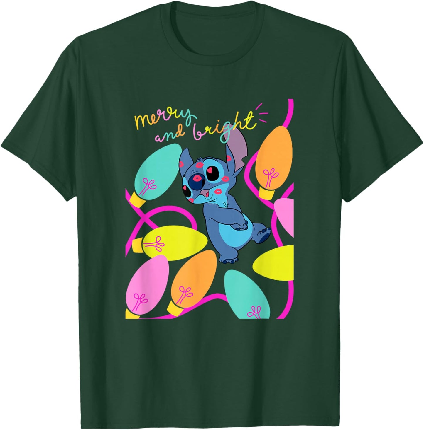 Disney Lilo & Stitch Christmas Merry And Bright Stitch Light T-Shirt - T-Shirt | Forest