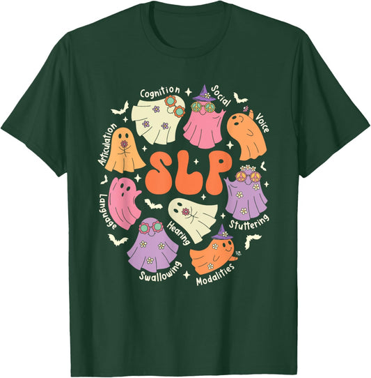 Cute Ghost Friends Halloween AAC SLP Squad Speech Language T-Shirt - T-Shirt | Forest