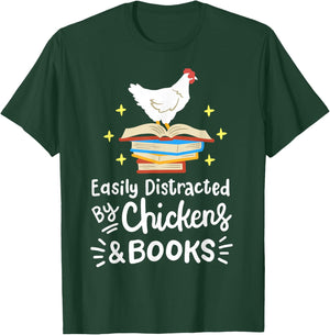 Easily Distracted By Chickens And Books Chicken Book Lover T-Shirt - T-Shirt | Forest