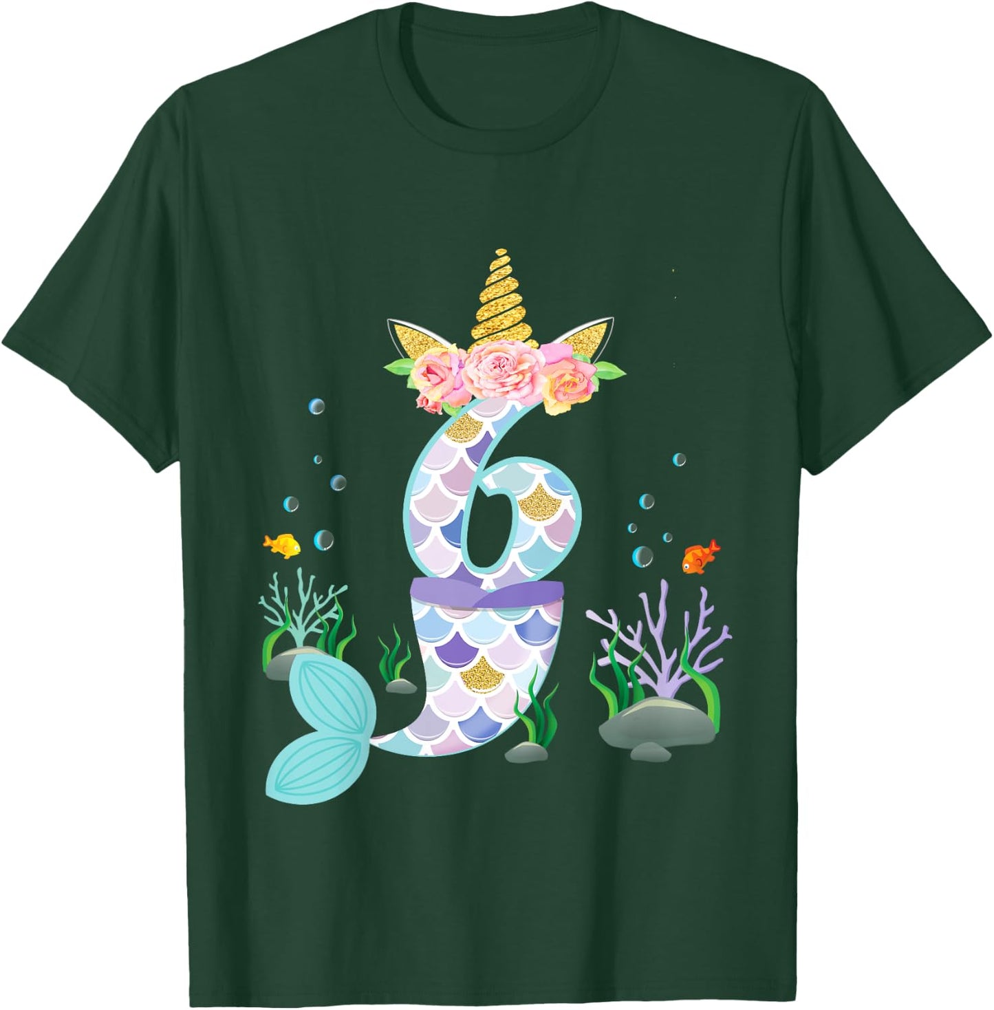 6 Year Old Unicorn Mermaid Birthday Tail Girl Theme 6th Gift T-Shirt - T-Shirt | Forest
